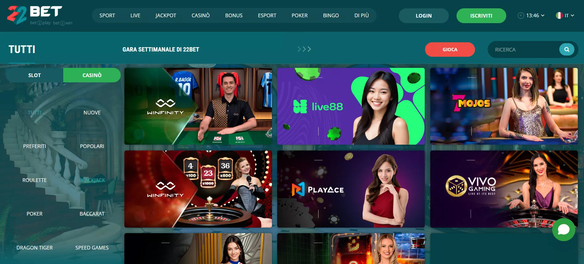 22bet Casinò dal vivo