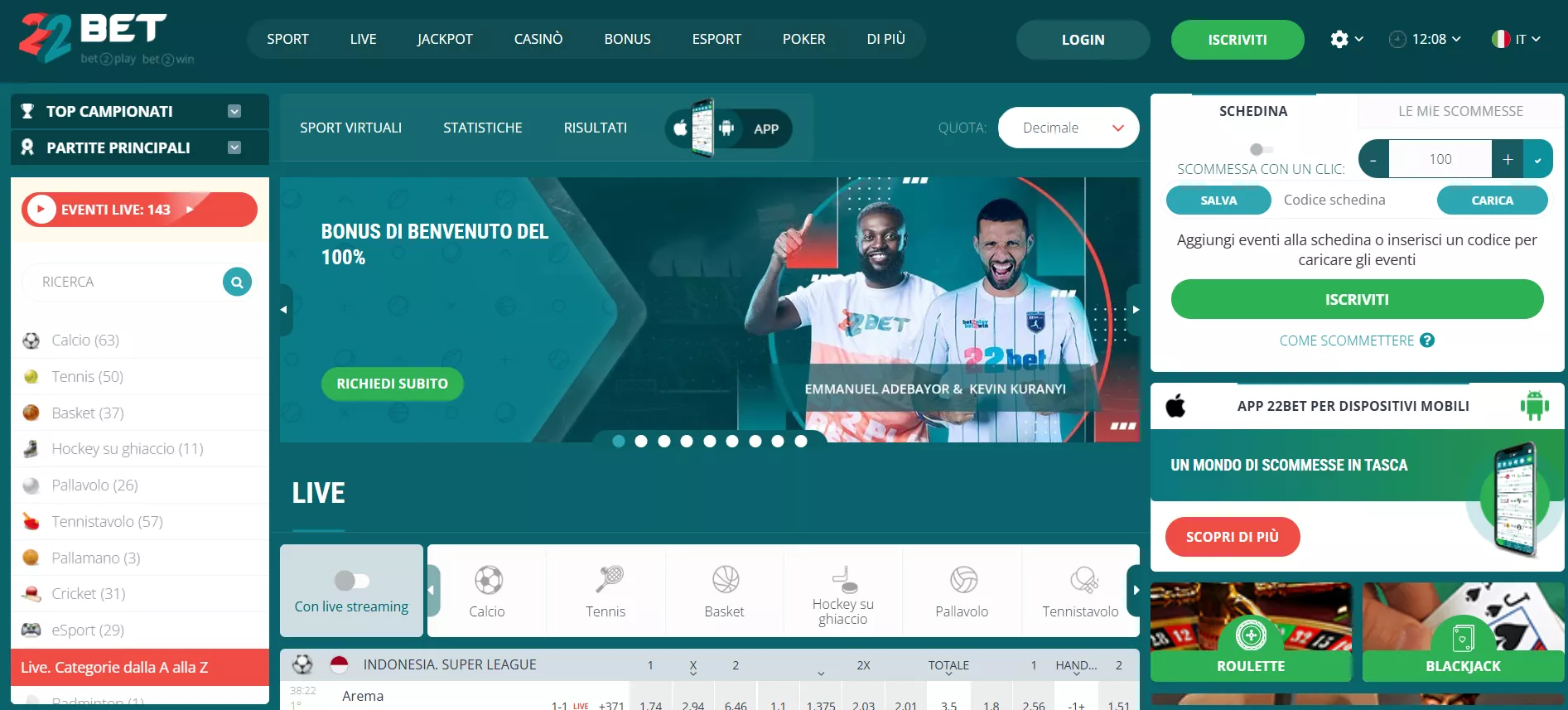 22bet Pagina principale